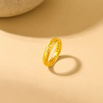足金古法经典丝绒编织纹四合如意戒指