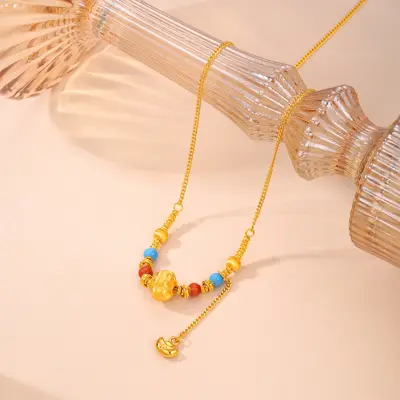 足金精品祈福鎏彩丝绒灯笼珠元宝套链