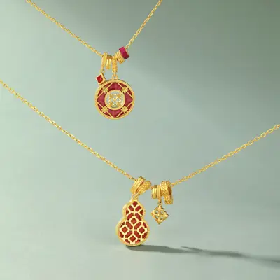 足金精品经典CNC精雕鎏彩花窗宝相花盘缠套链
