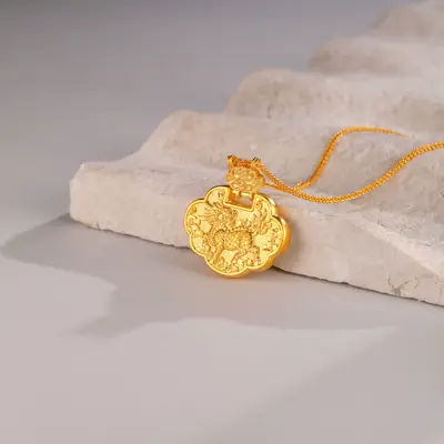 足金古法护佑錾刻瑞兽麒麟锁包套链